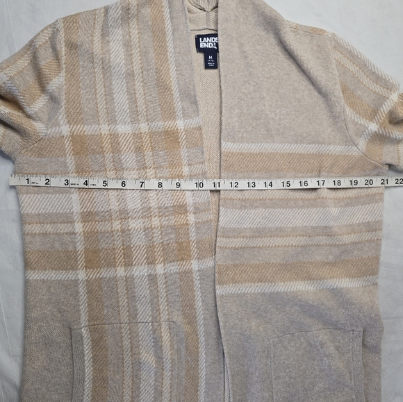 Lands' End Open Cardigan Sweater Beige Plaid Long Line Lightweight Cotton M - Picture 10 of 13